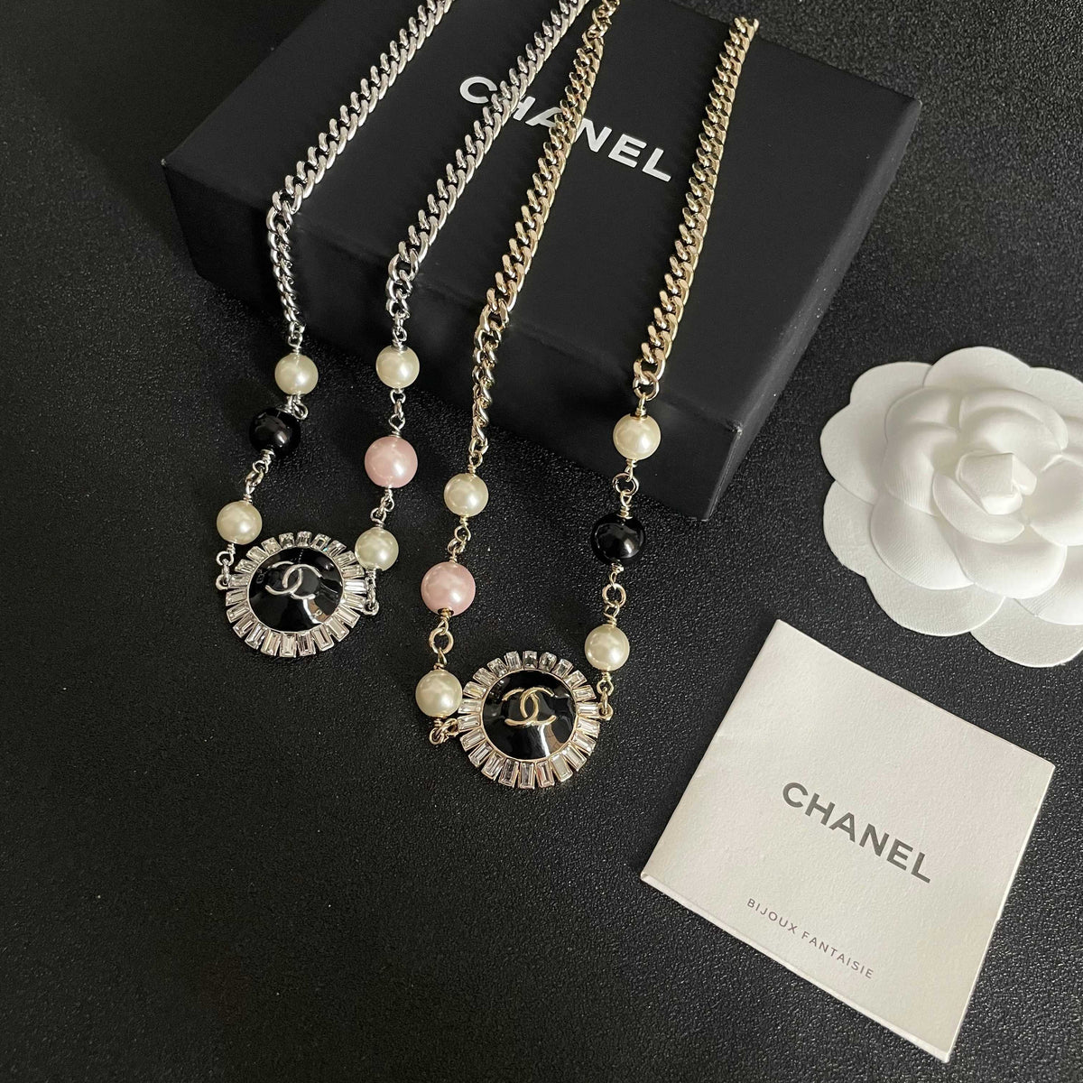 Double-C Emblem Pearl-Detail Pendant Necklace – Pearl Detail – Design 105 close-up detail