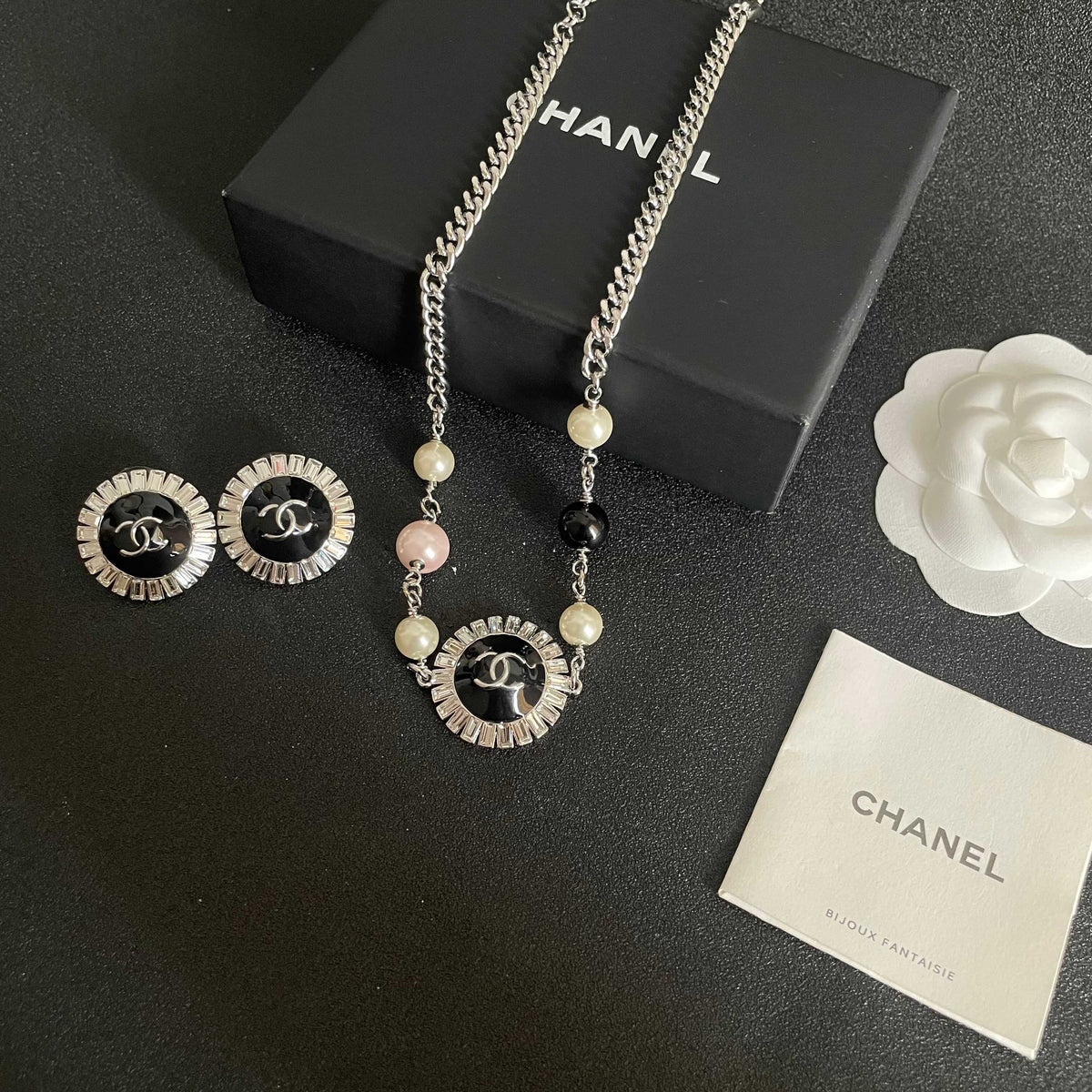 Double-C Emblem Pearl-Detail Pendant Necklace – Pearl Detail – Design 035 close-up detail