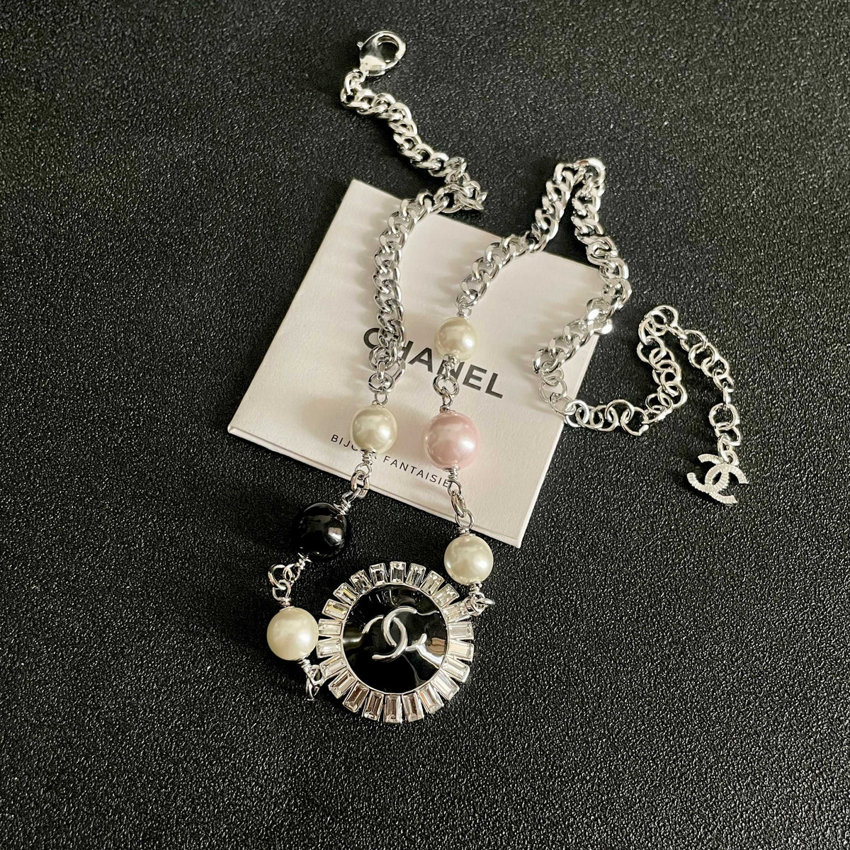 Double-C Emblem Pearl-Detail Pendant Necklace – Pearl Detail – Design 104 detail view