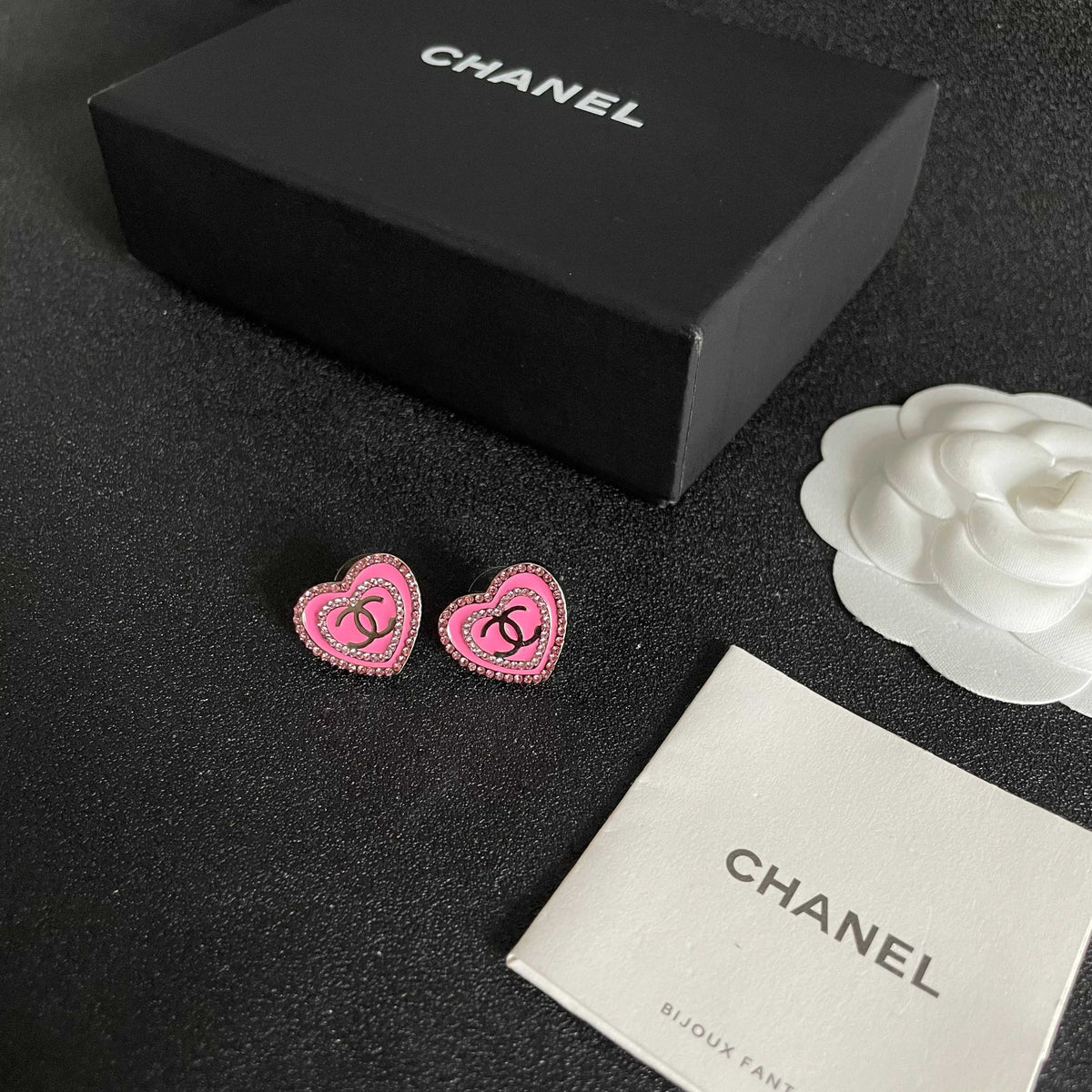 Double-C Emblem Crystal-Accent Stud Earrings – Heart Detail – Design 007 close-up detail