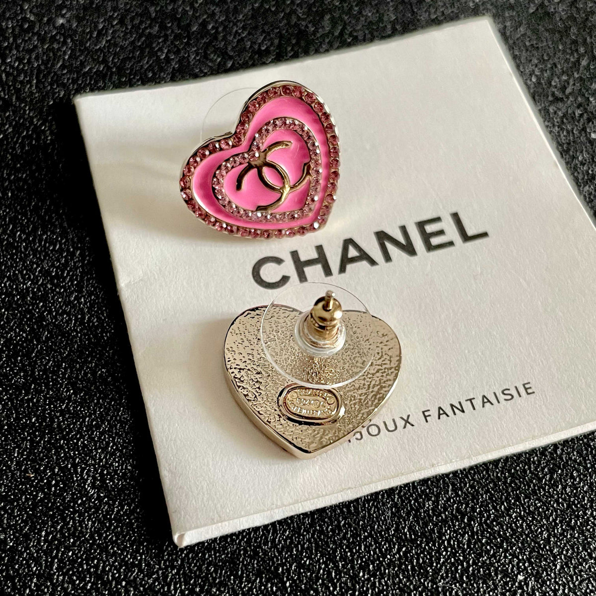 Double-C Emblem Crystal-Accent Stud Earrings – Heart Detail – Design 007 main product view