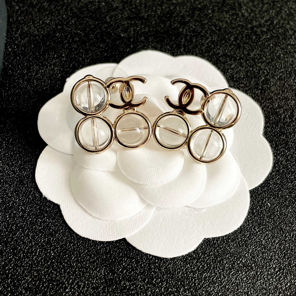 Double-C Emblem Stud Earrings in Polished Metal-Tone – Design 373 front product view