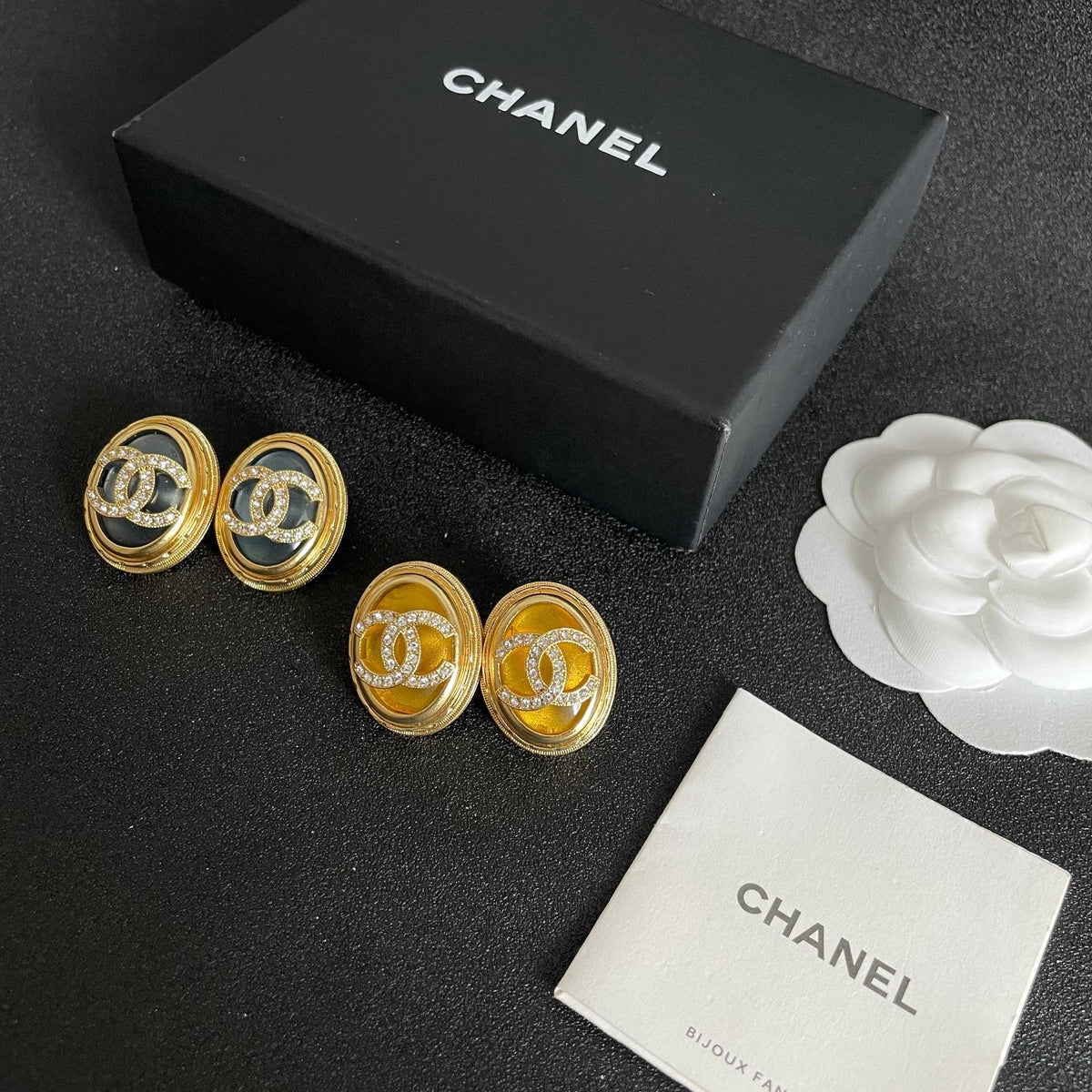 Double-C Emblem Crystal-Accent Stud Earrings – Design 055 close-up detail