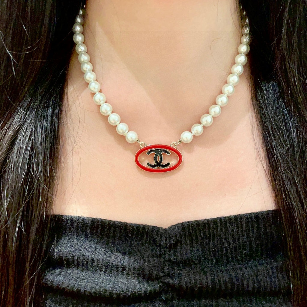 Double-C Emblem Pearl-Detail Pendant Necklace – Pearl Detail – Design 078 close-up detail