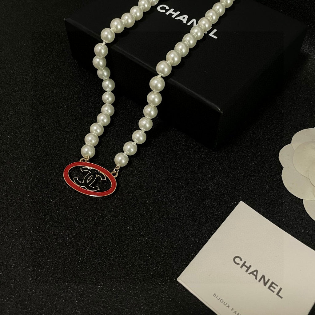 Double-C Emblem Pearl-Detail Pendant Necklace – Pearl Detail – Design 078 main product view