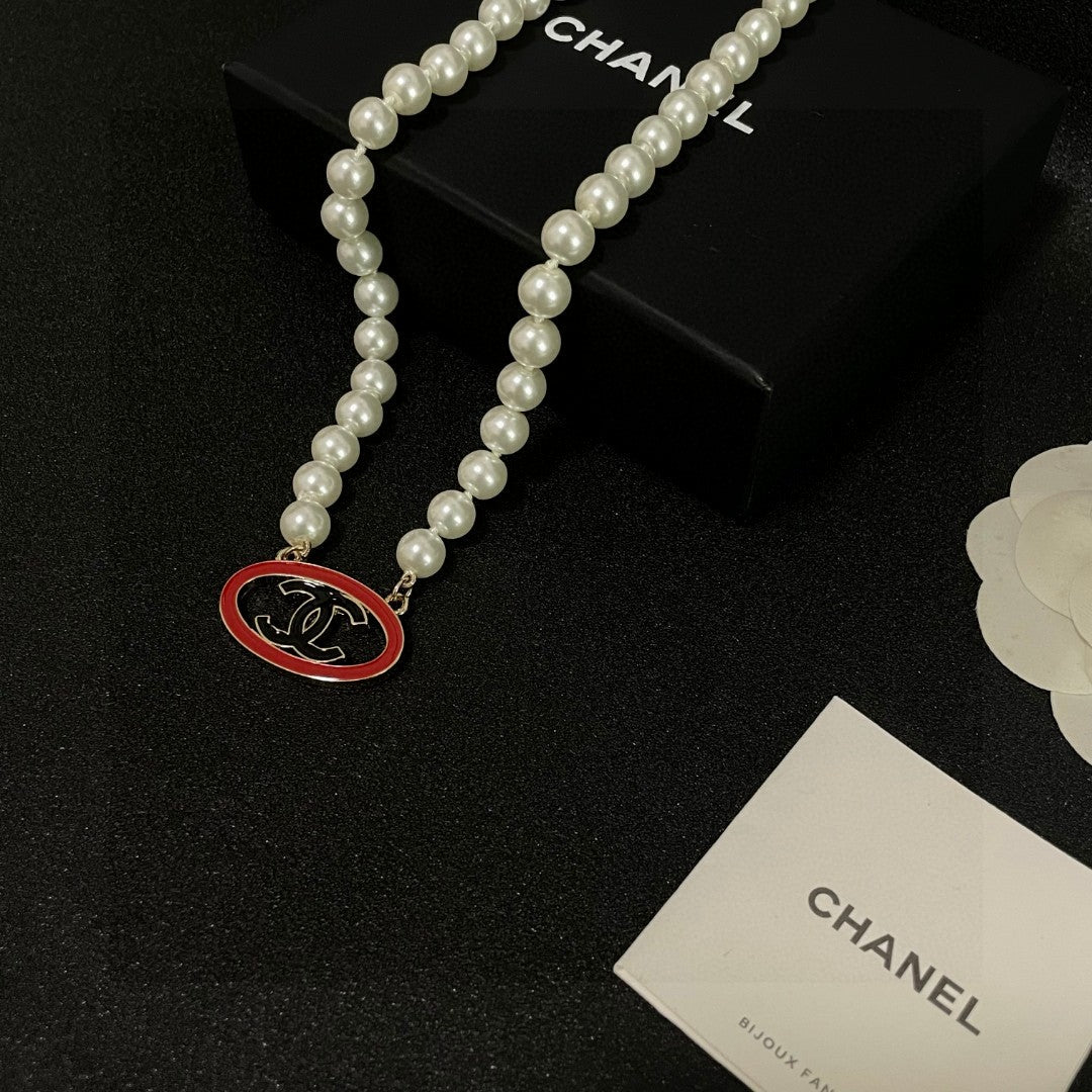 Double-C Emblem Pearl-Detail Pendant Necklace – Pearl Detail – Design 078 main product view