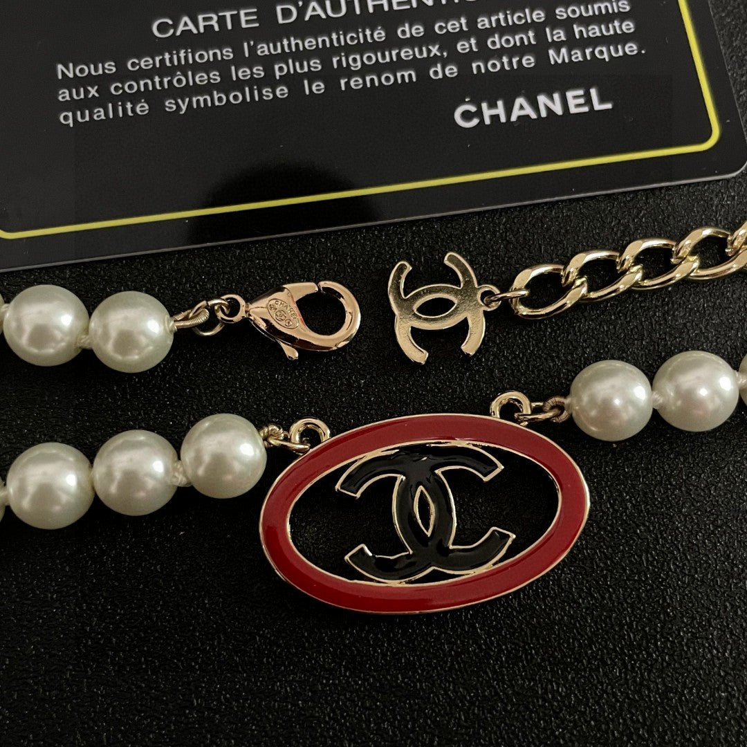 Double-C Emblem Pearl-Detail Pendant Necklace – Pearl Detail – Design 078 detail view