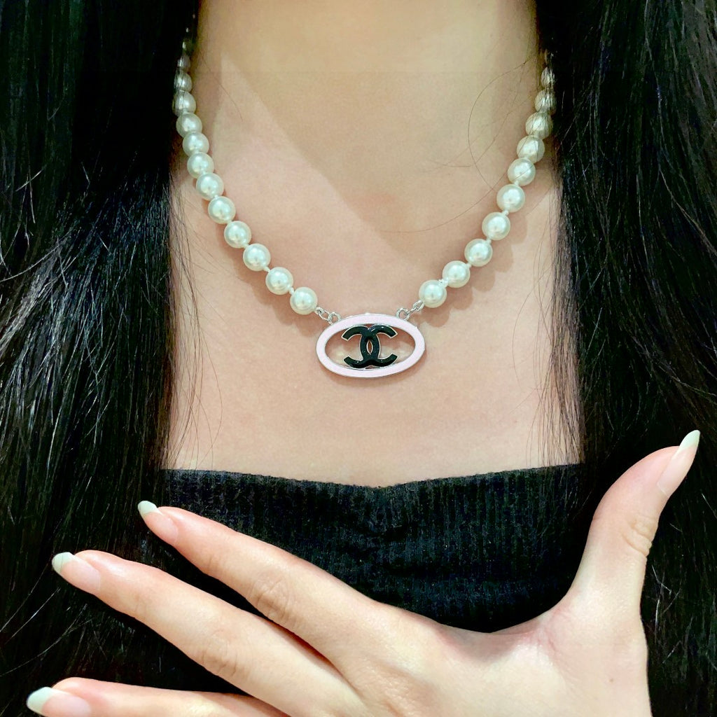 Double-C Emblem Pearl-Detail Pendant Necklace – Pearl Detail – Design 077 front product view