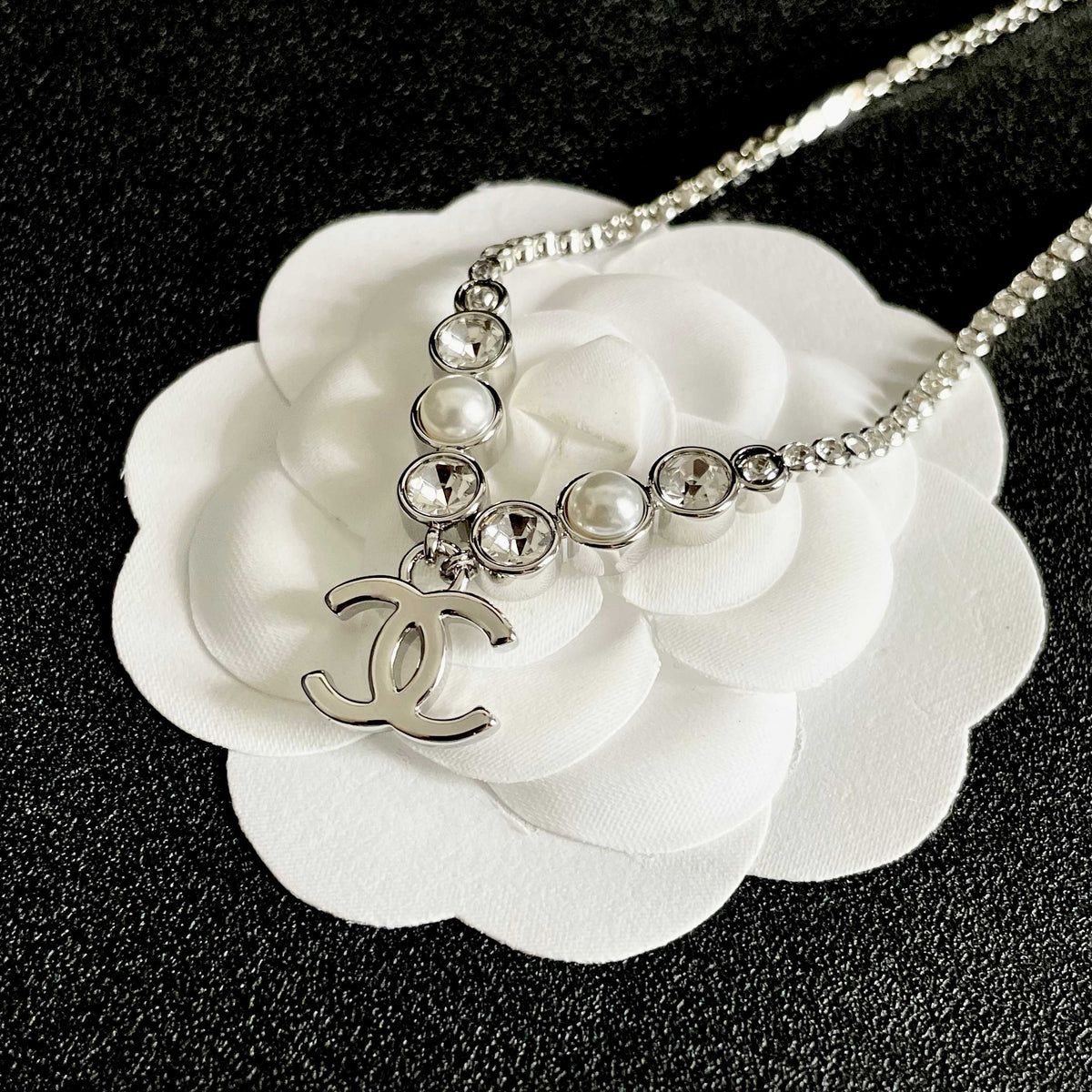 Double-C Emblem Pearl-Detail Pendant Necklace – Pearl Detail – Design 132 front product view