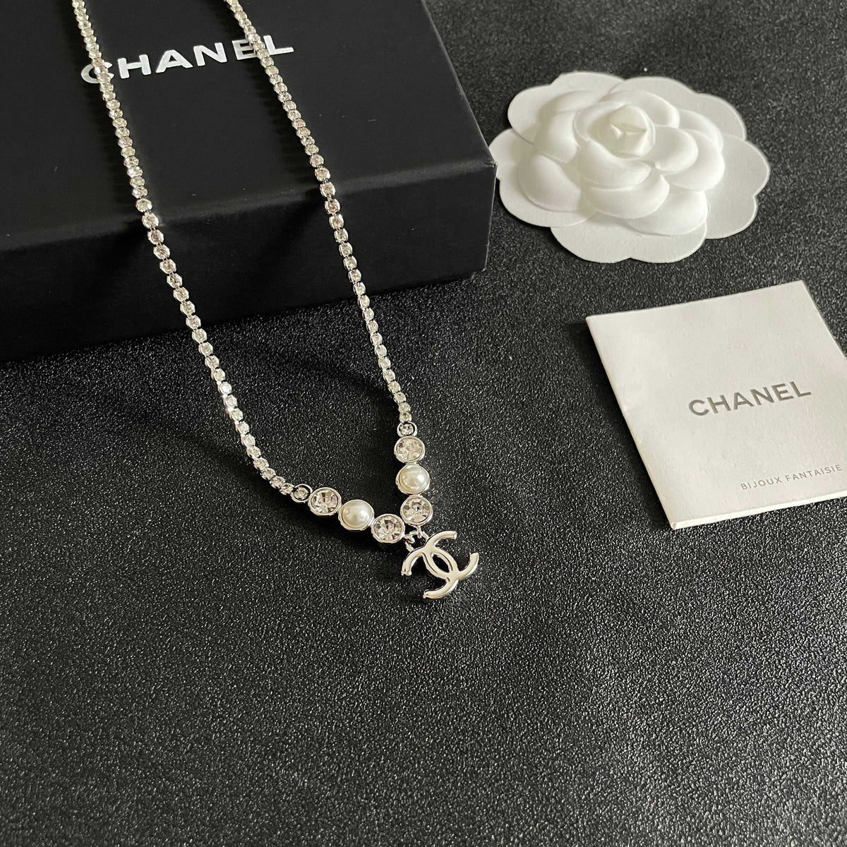 Double-C Emblem Pearl-Detail Pendant Necklace – Pearl Detail – Design 021 styled product view