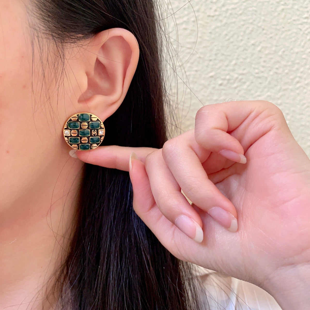 Double-C Emblem Stud Earrings in Polished Metal-Tone – Design 166 front product view