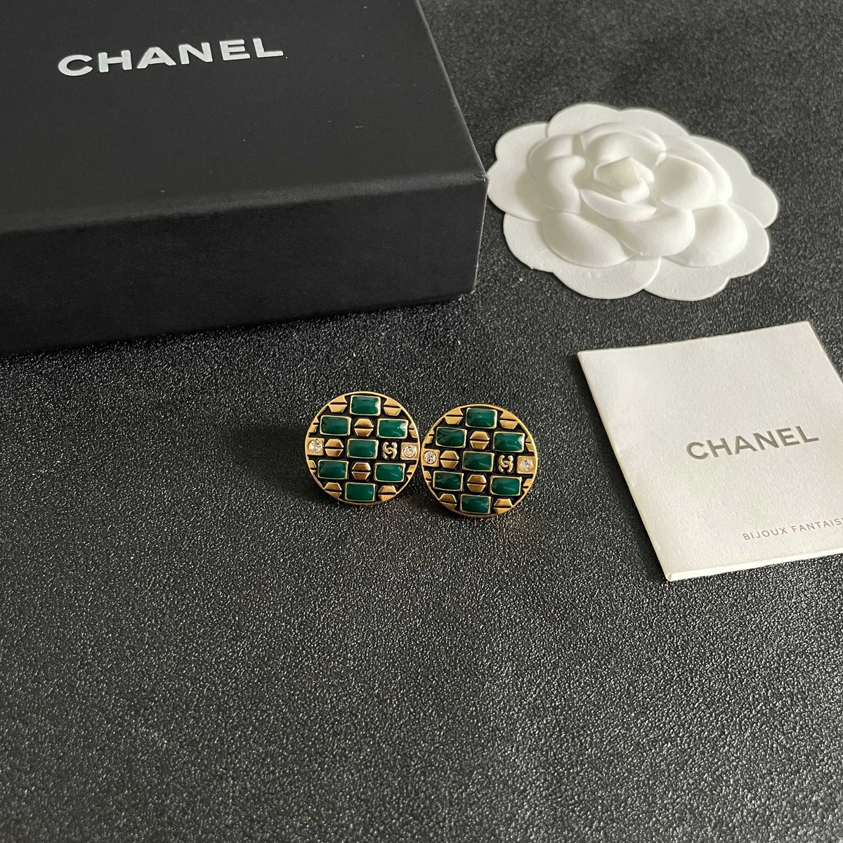 Double-C Emblem Stud Earrings in Polished Metal-Tone – Design 166 styled product view