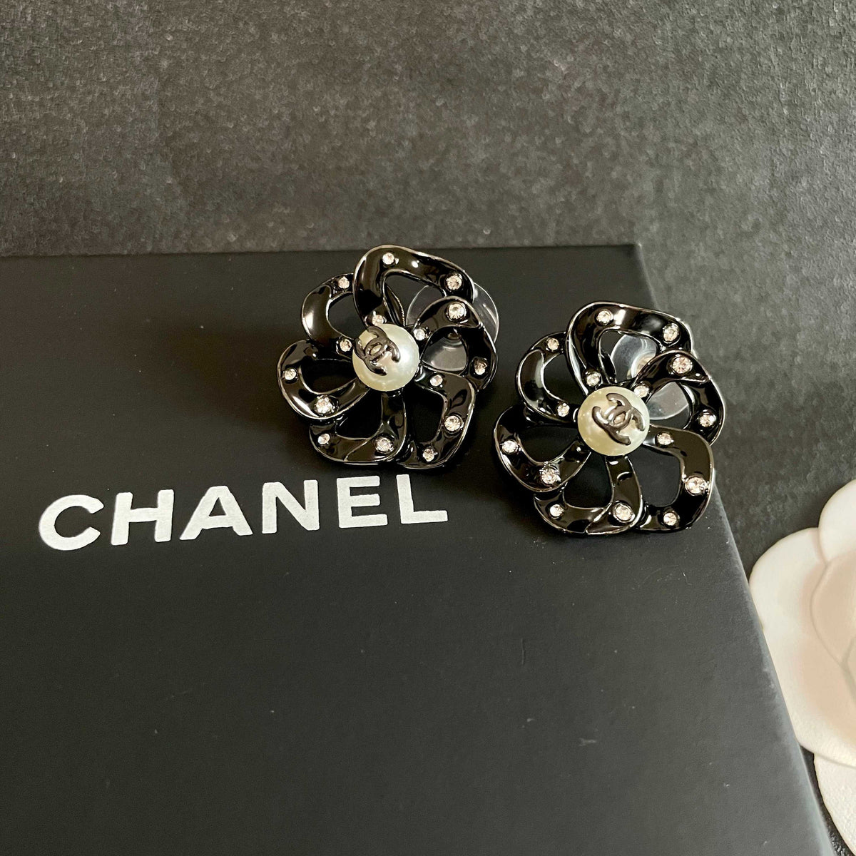 Camellia Stud Earrings in Polished Metal-Tone – Camellia Detail – Design 029 detail view