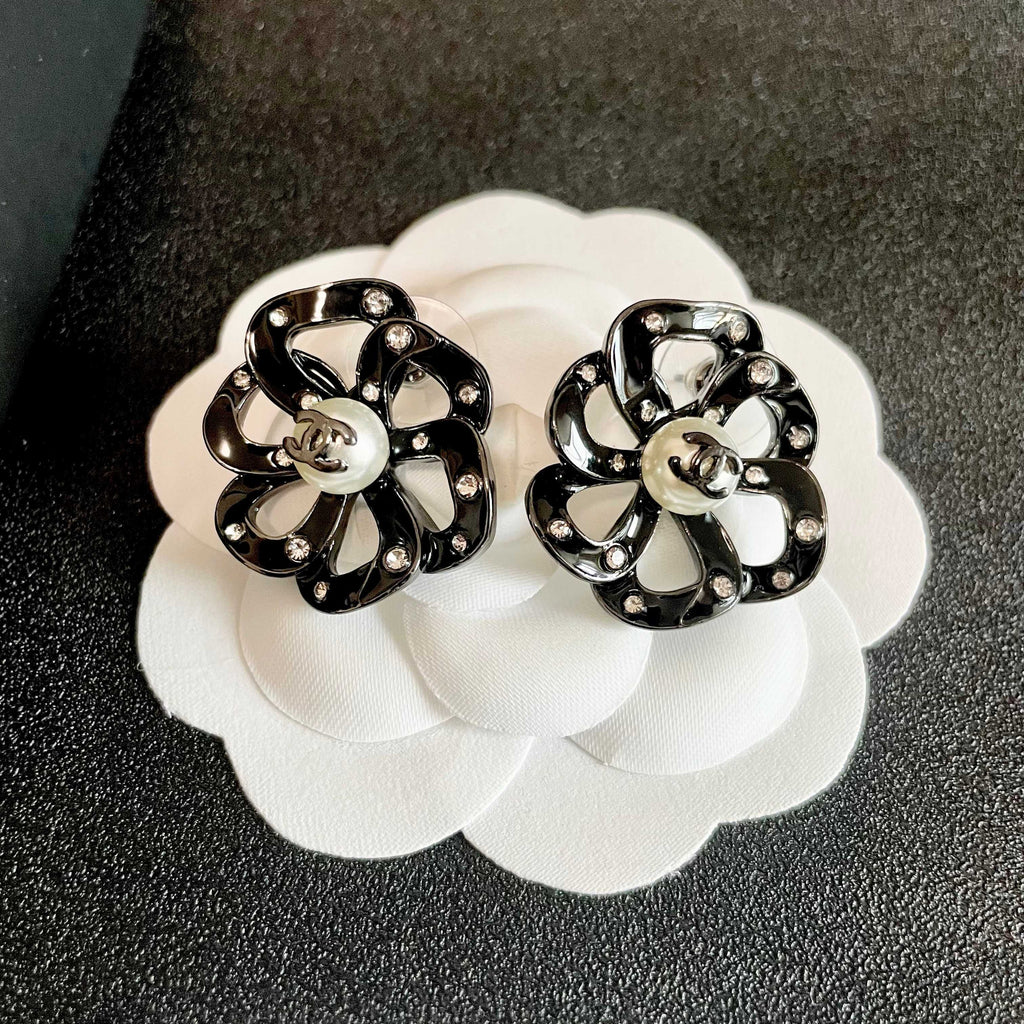 Camellia Stud Earrings in Polished Metal-Tone – Camellia Detail – Design 015 front product view