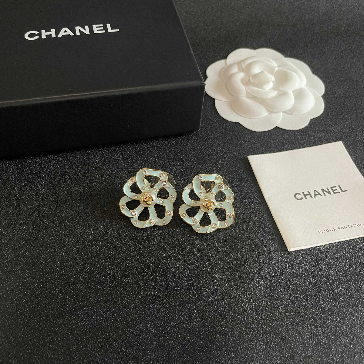 Camellia Stud Earrings in Polished Metal-Tone – Camellia Detail – Design 028 styled product view