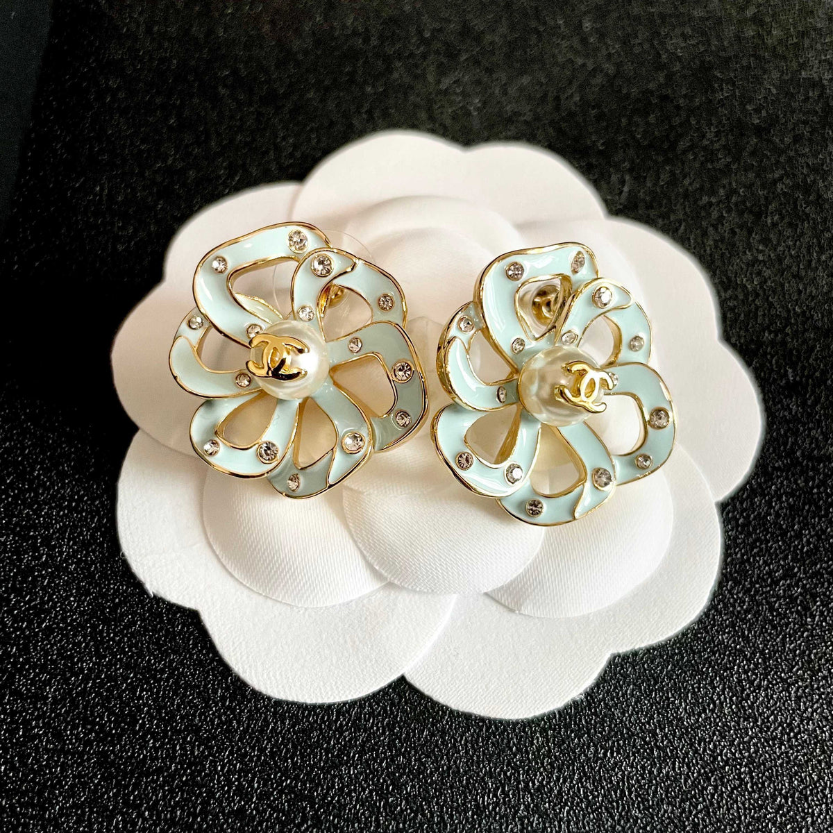 Camellia Stud Earrings in Polished Metal-Tone – Camellia Detail – Design 028 front product view