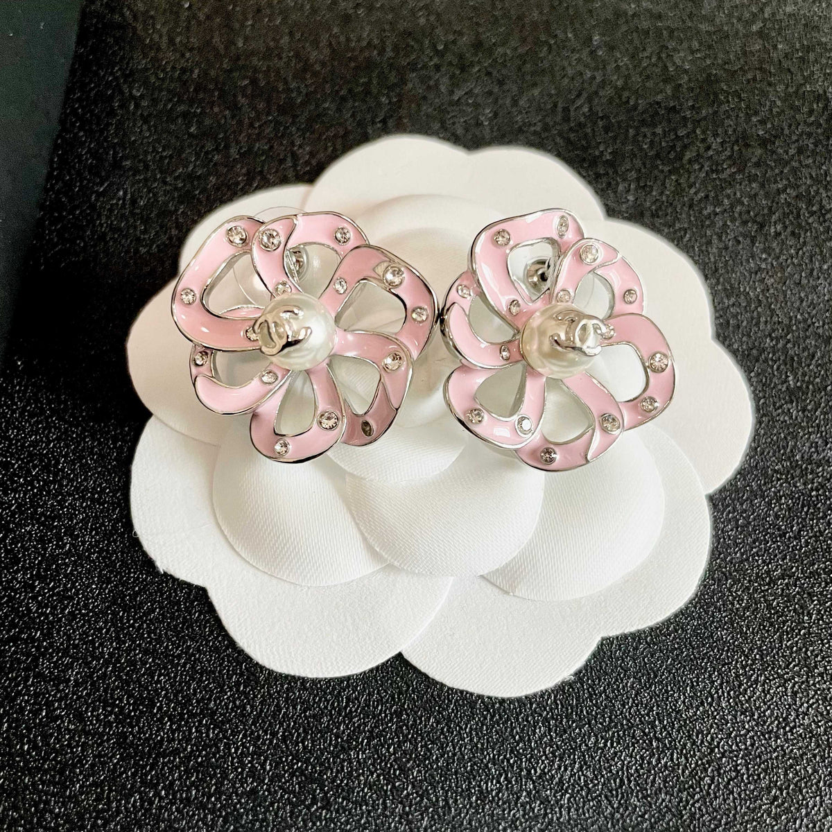 Camellia Stud Earrings in Polished Metal-Tone – Camellia Detail – Design 027 front product view