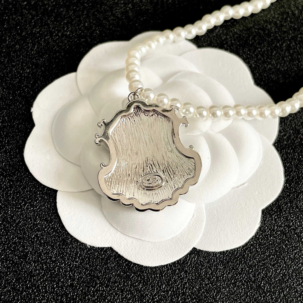 Double-C Emblem Pearl-Detail Pendant Necklace – Pearl Detail – Design 033 front product view