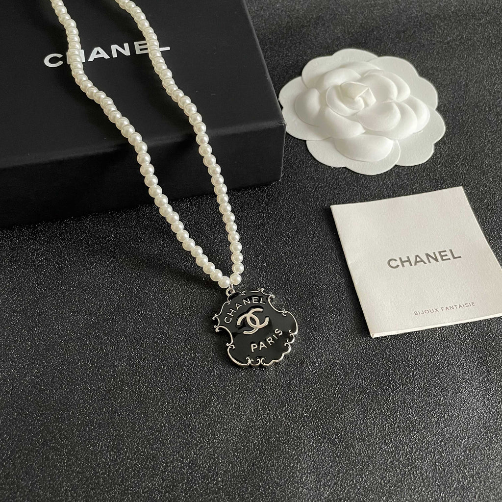 Double-C Emblem Pearl-Detail Pendant Necklace – Pearl Detail – Design 033 styled product view