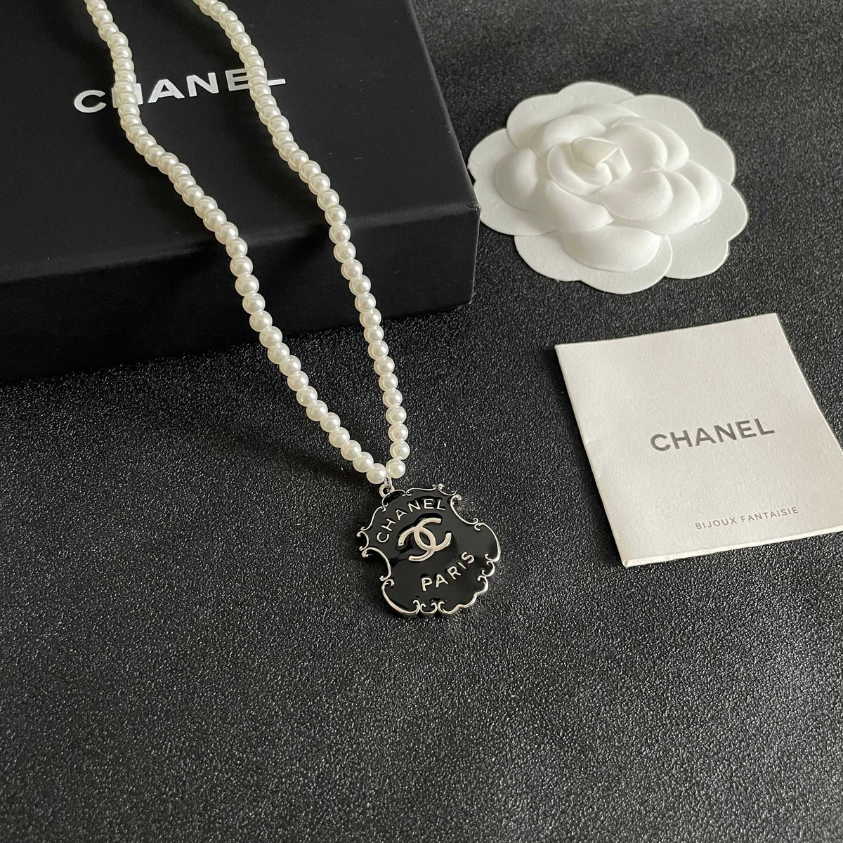Double-C Emblem Pearl-Detail Pendant Necklace – Pearl Detail – Design 033 styled product view