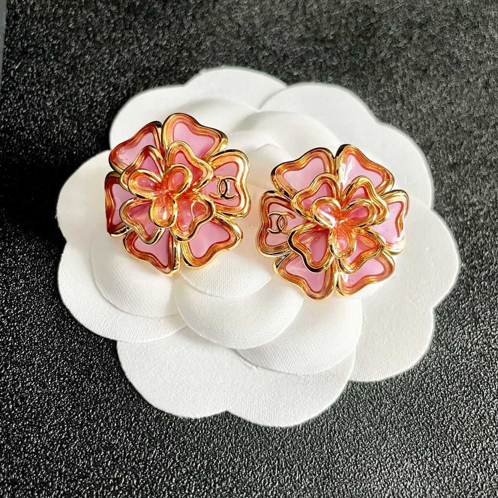 Camellia Stud Earrings in Polished Metal-Tone – Camellia Detail – Design 024 front product view