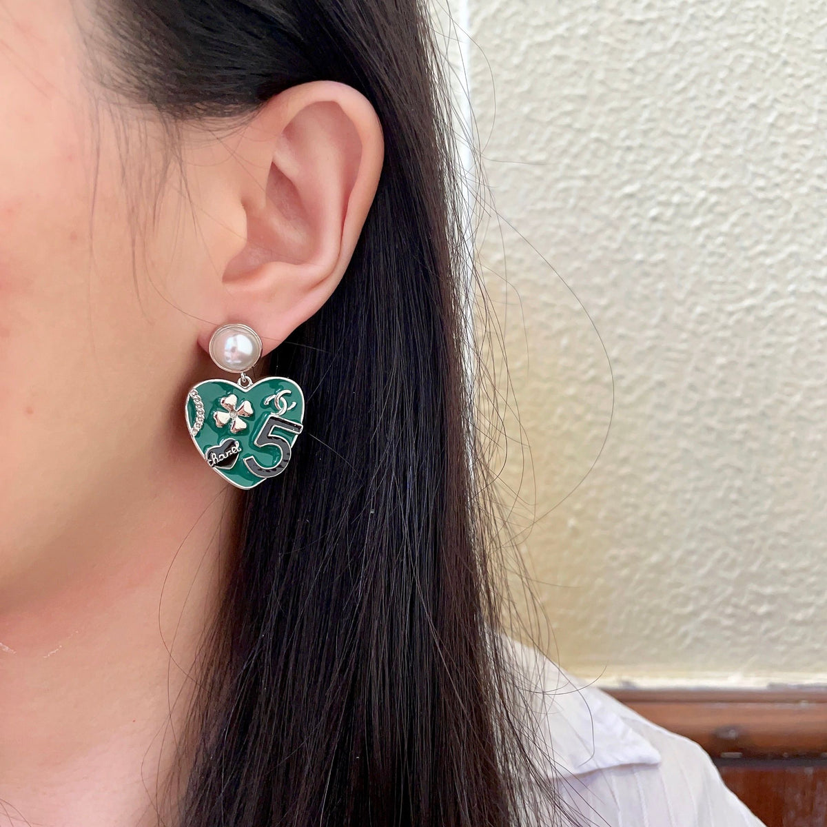 Double-C Emblem Pearl-Detail Statement Earrings – Pearl Detail – Design 009 detail view