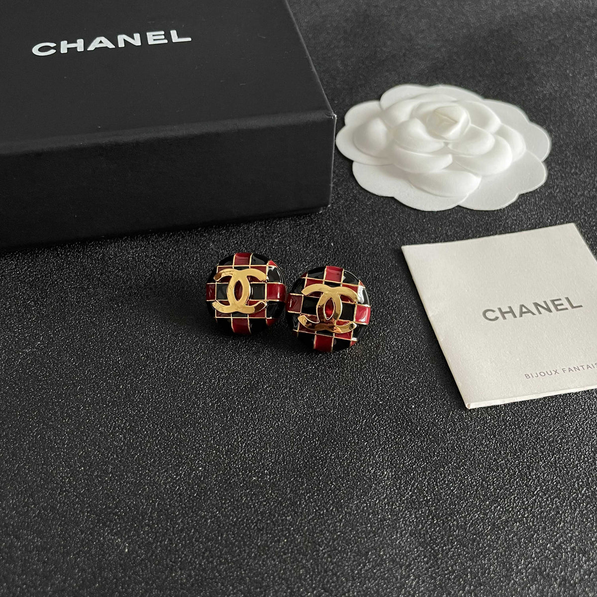 Double-C Emblem Stud Earrings in Polished Metal-Tone – Checkerboard – Design 003 styled product view