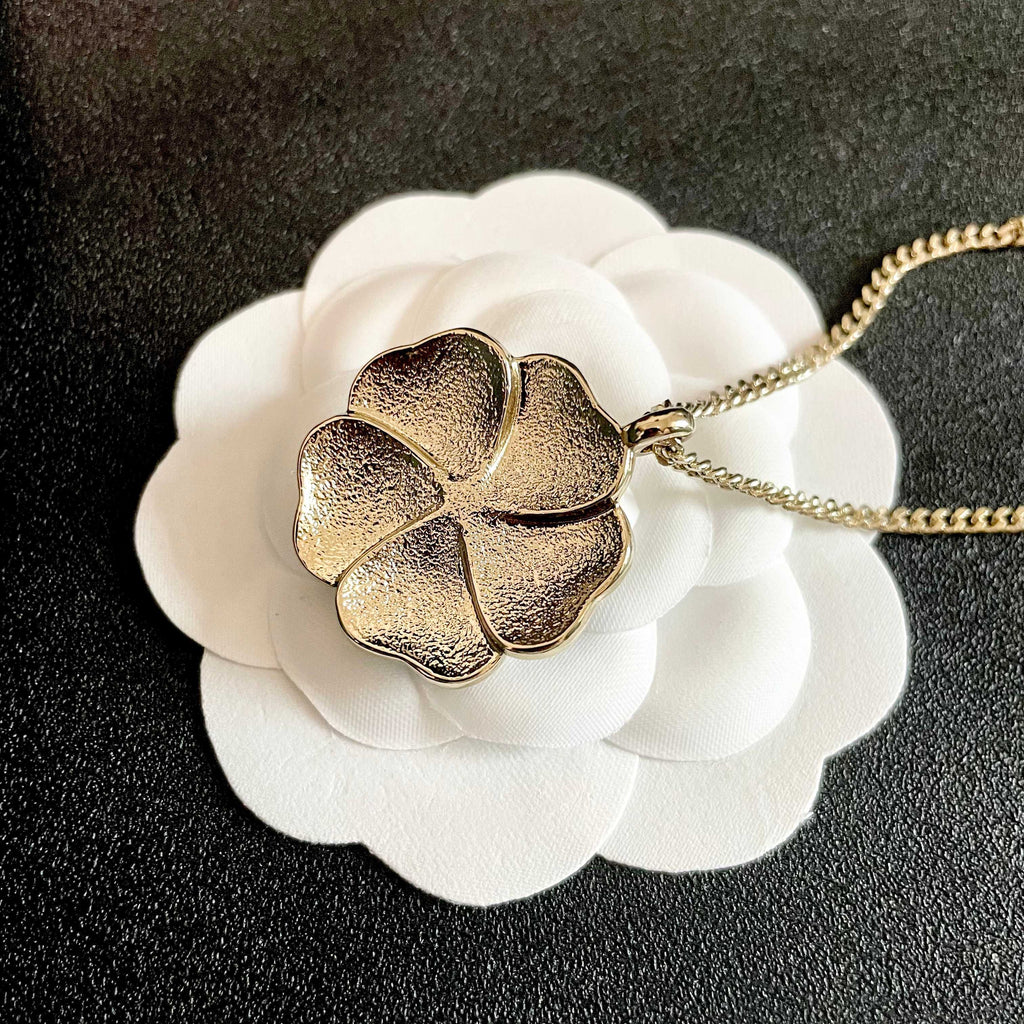 Camellia Pendant Necklace in Polished Metal-Tone – Camellia Detail – Design 012 front product view
