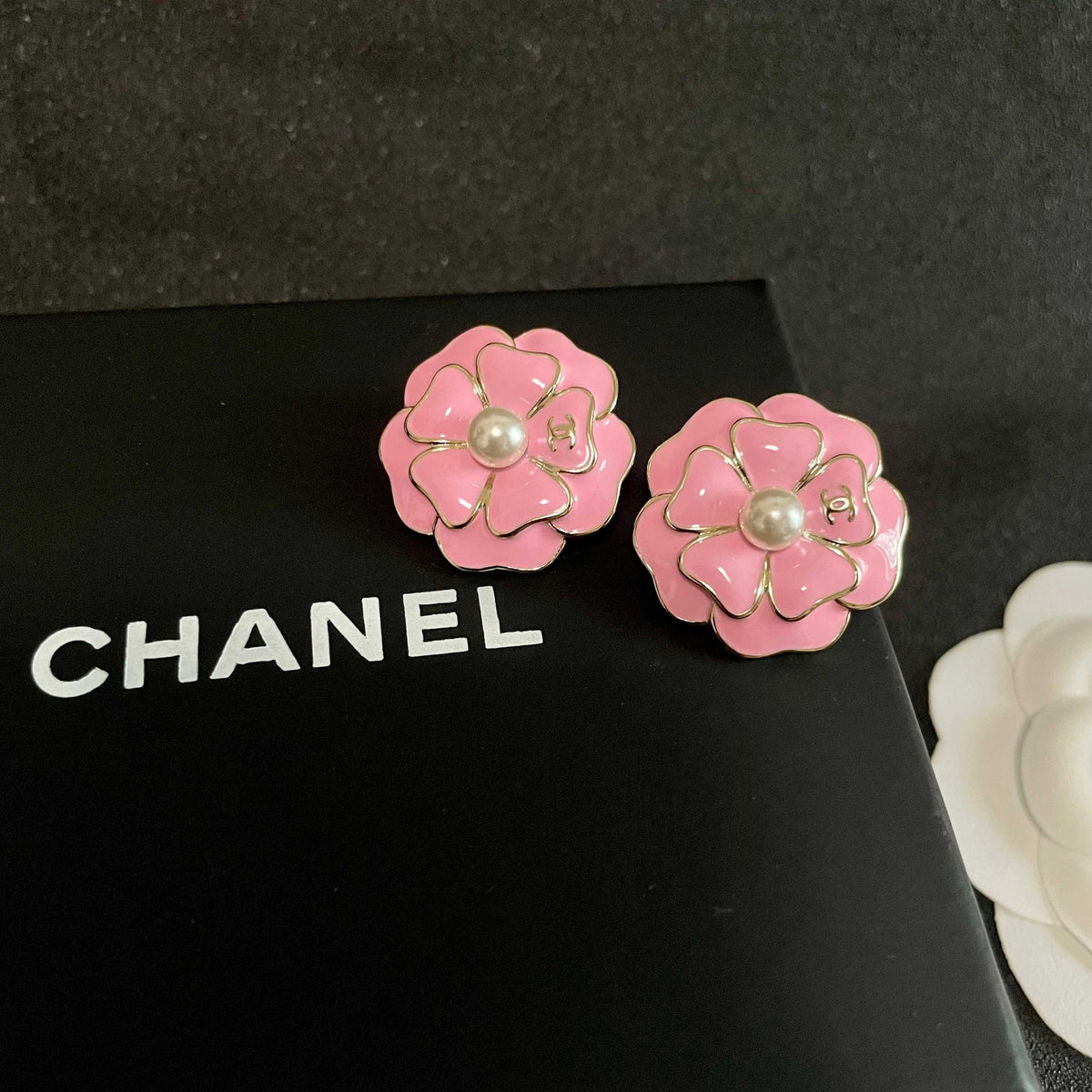 Camellia Stud Earrings in Polished Metal-Tone – Camellia Detail – Design 021 detail view