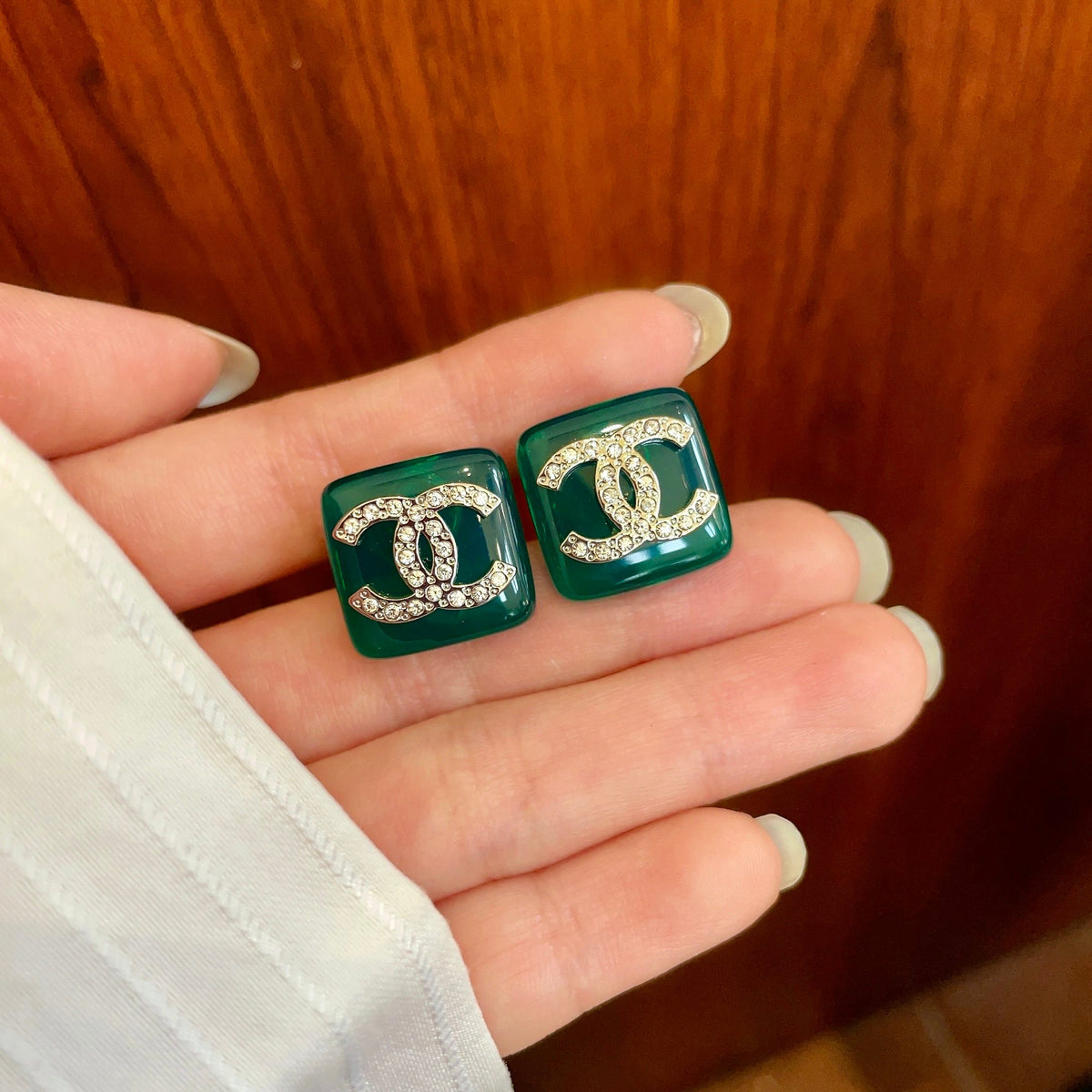 Double-C Emblem Crystal-Accent Stud Earrings – Design 015 side detail