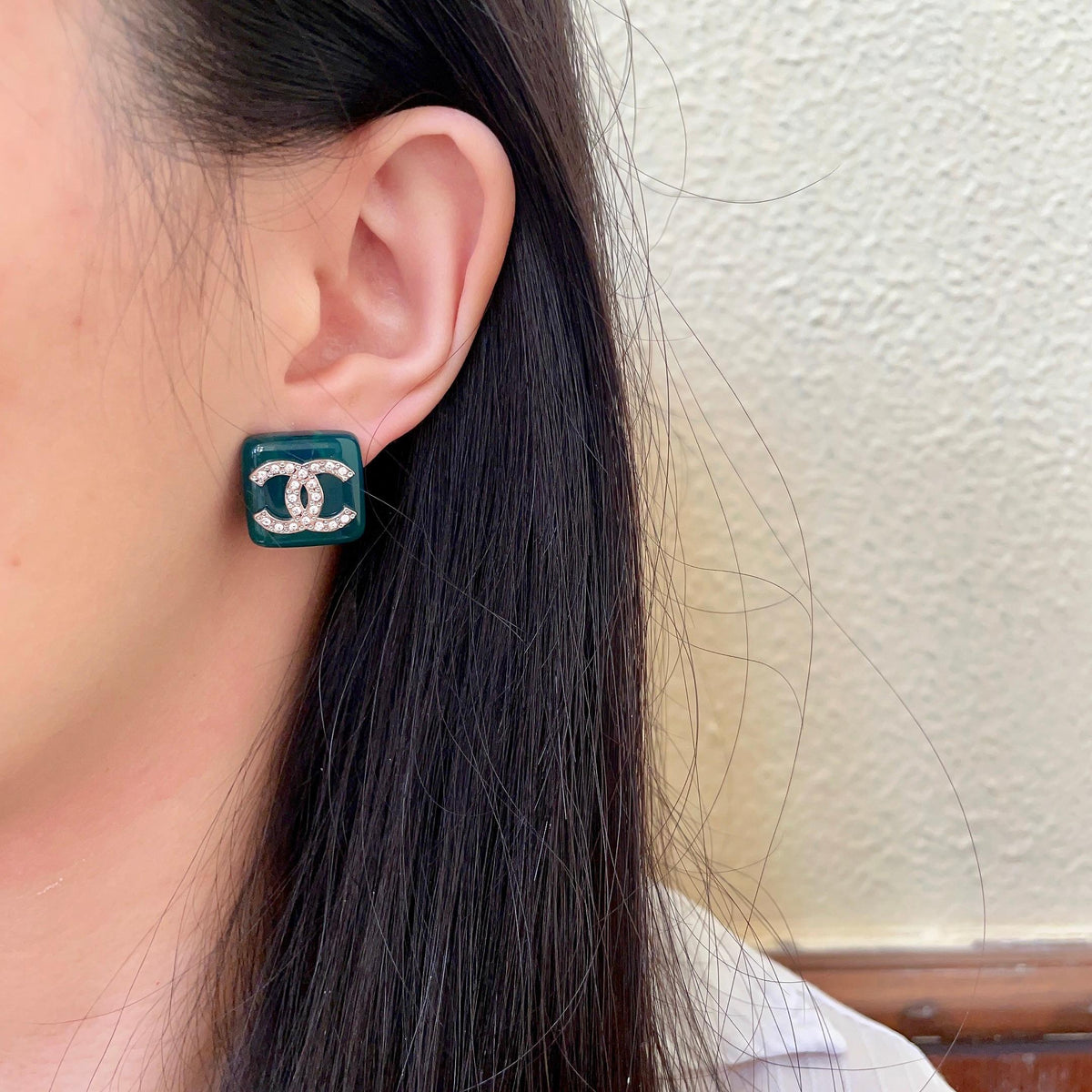 Double-C Emblem Crystal-Accent Stud Earrings – Design 015 detail view