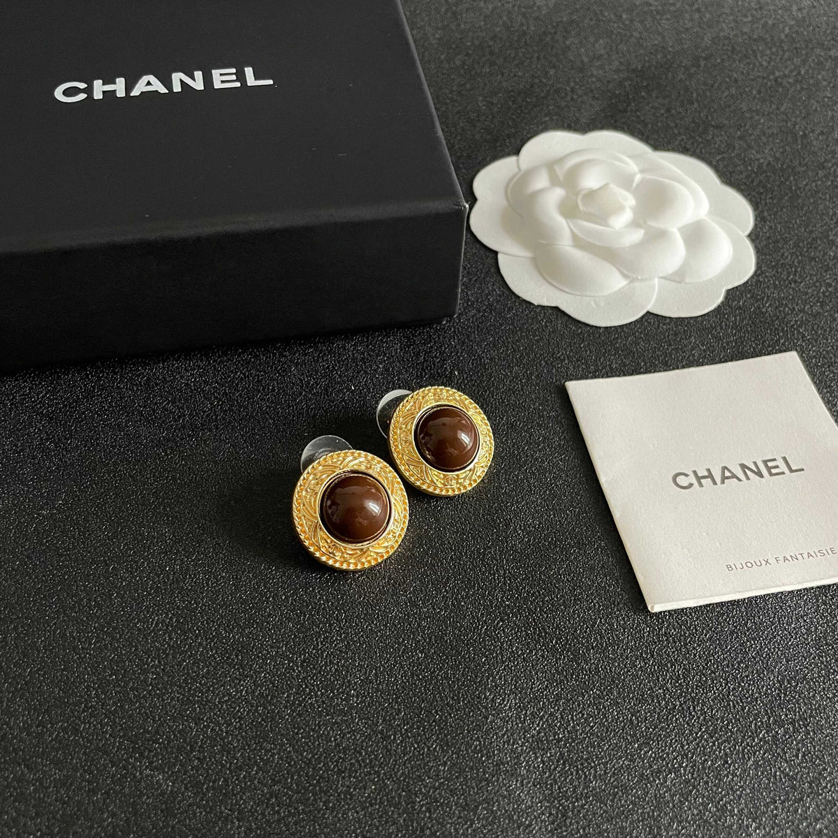 Double-C Emblem Stud Earrings in Polished Metal-Tone – Design 142 styled product view