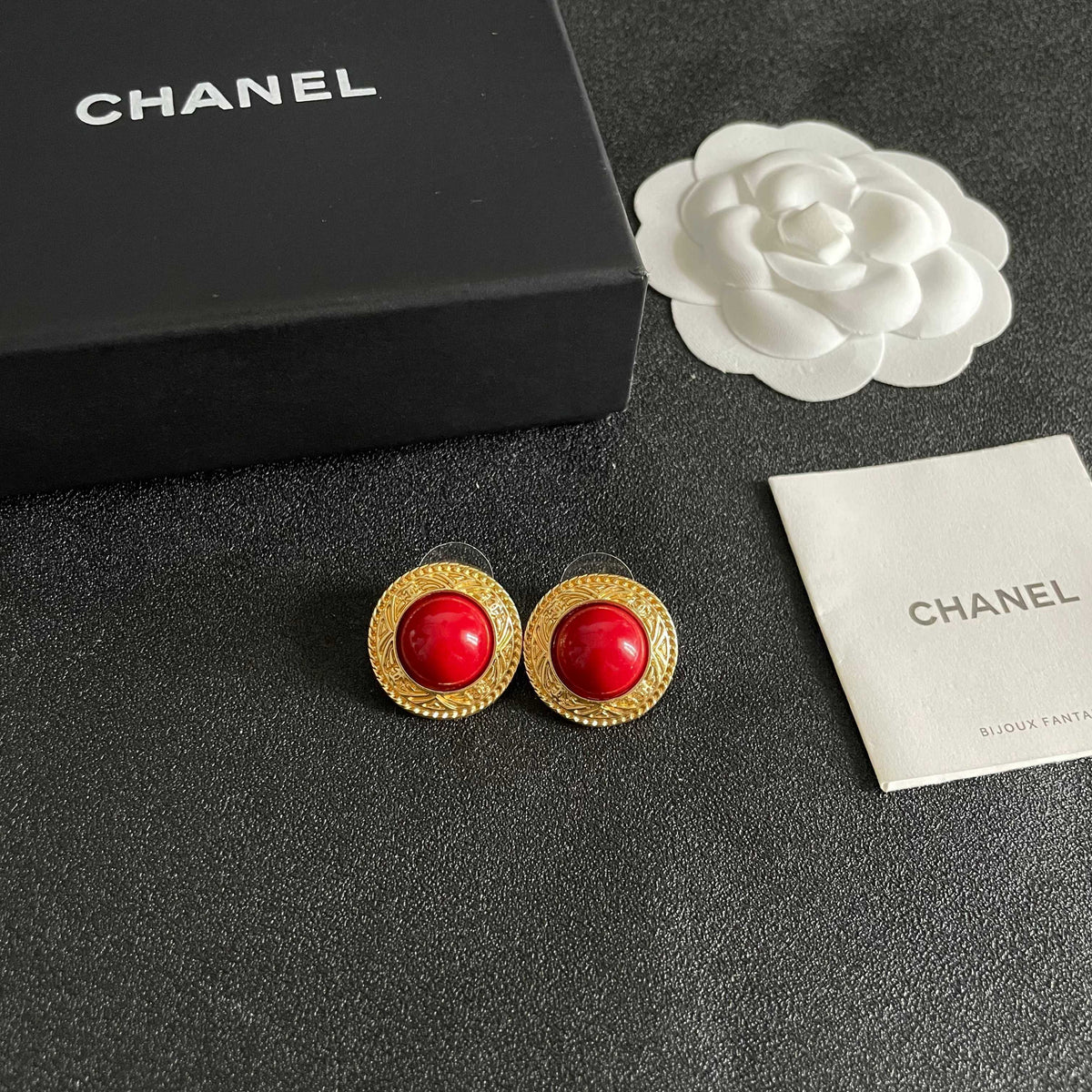 Double-C Emblem Stud Earrings in Polished Metal-Tone – Design 141 styled product view