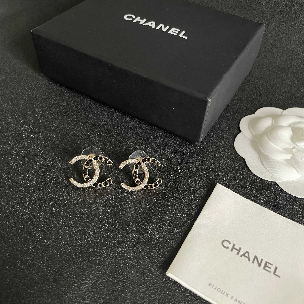 Double-C Emblem Crystal-Accent Stud Earrings – Design 014 close-up detail