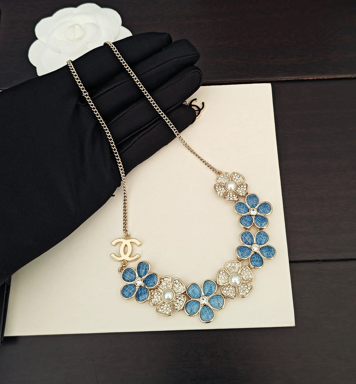Floral Pendant Necklace in Gold-Tone – Blue Detail main product view