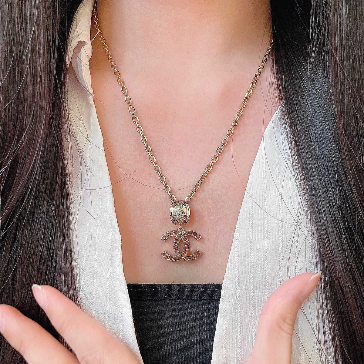 Double-C Emblem Crystal-Accent Pendant Necklace – Design 021 front product view