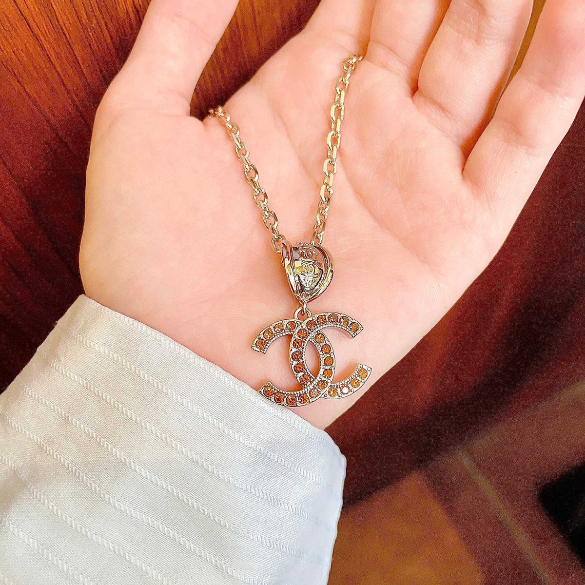 Double-C Emblem Crystal-Accent Pendant Necklace – Design 021 side detail