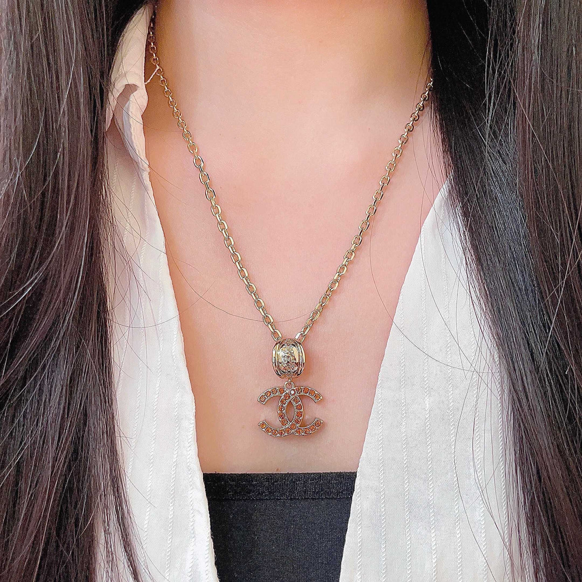 Double-C Emblem Crystal-Accent Pendant Necklace – Design 021 detail view