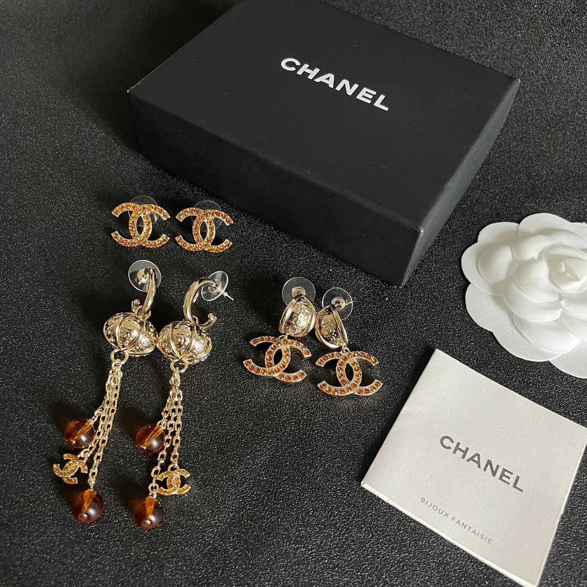 Double-C Emblem Crystal-Accent Statement Earrings – Design 013 close-up detail