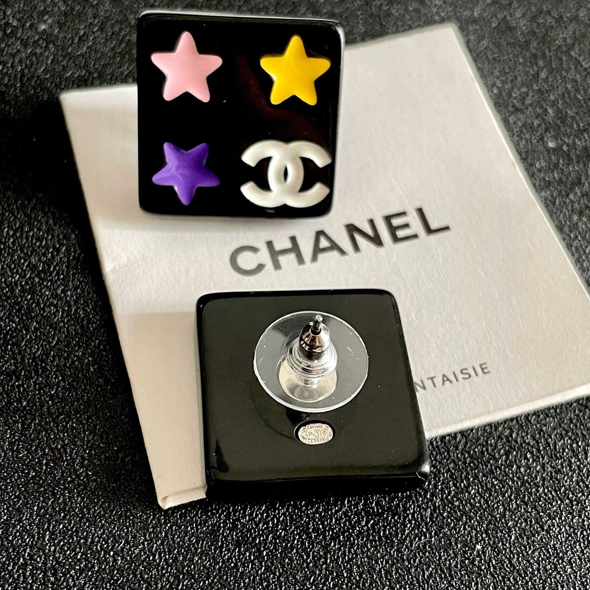 Double-C Emblem Stud Earrings in Polished Metal-Tone – Star Detail – Design 010 main product view