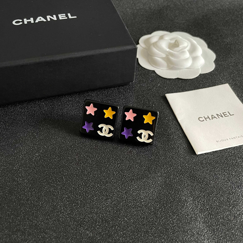 Double-C Emblem Stud Earrings in Polished Metal-Tone – Star Detail – Design 010 styled product view