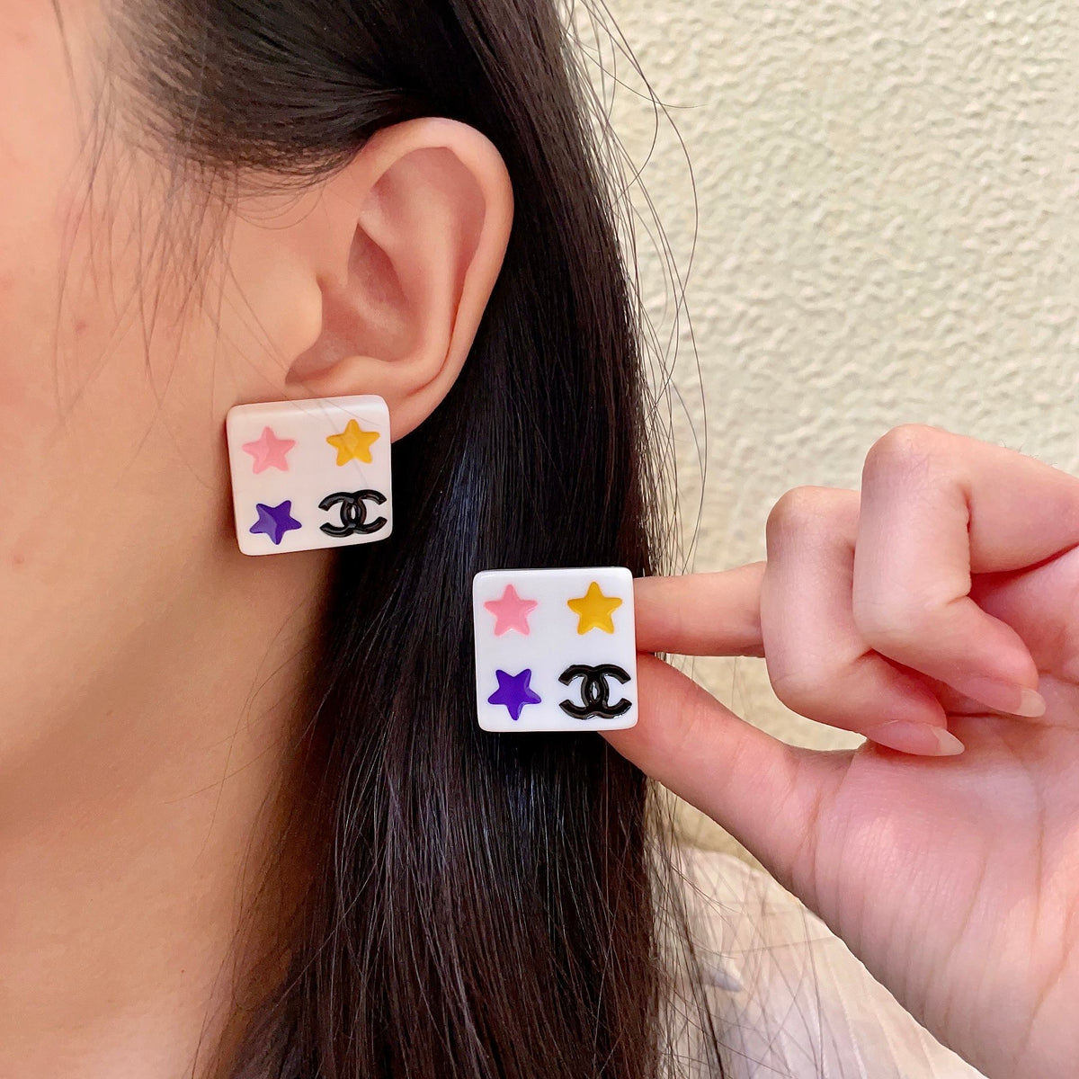 Double-C Emblem Stud Earrings in Polished Metal-Tone – Star Detail – Design 003 main product view