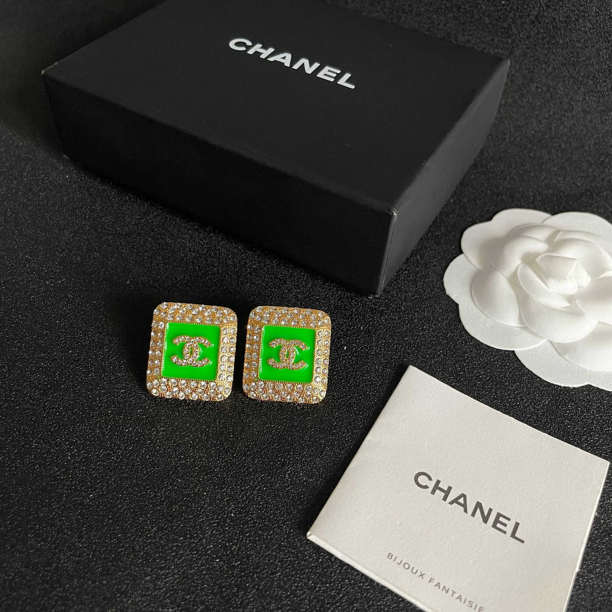 Double-C Emblem Crystal-Accent Stud Earrings – Design 025 close-up detail