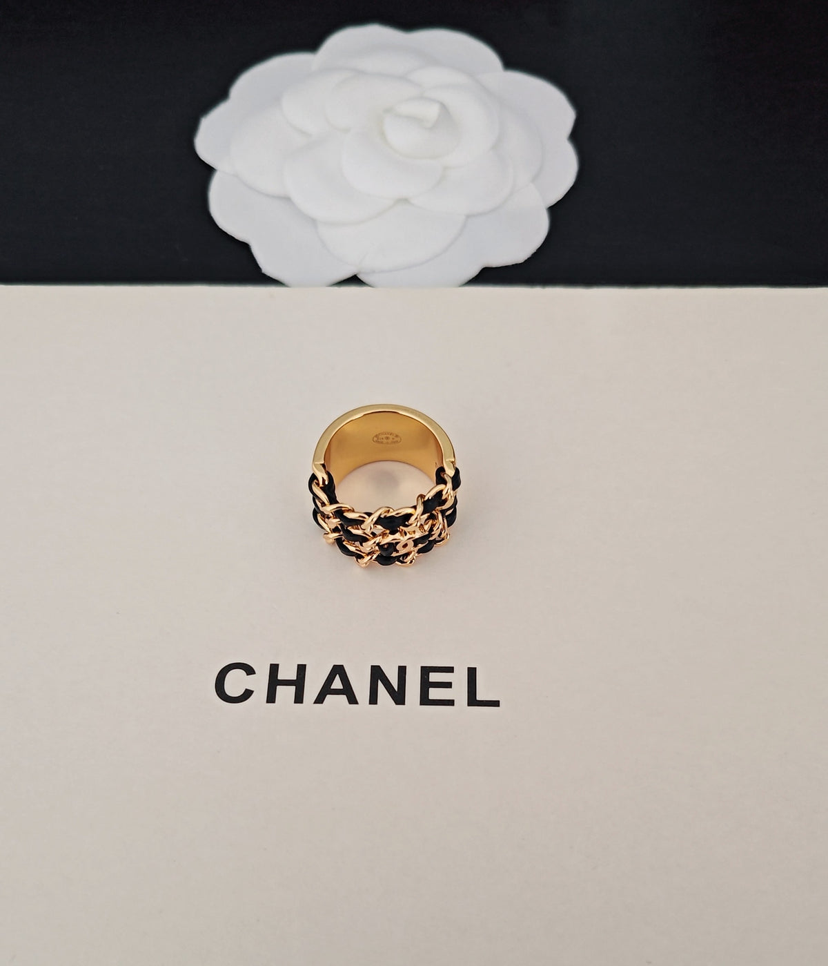 Signature Emblem Statement Ring in Gold-Tone – Black Detail detail view