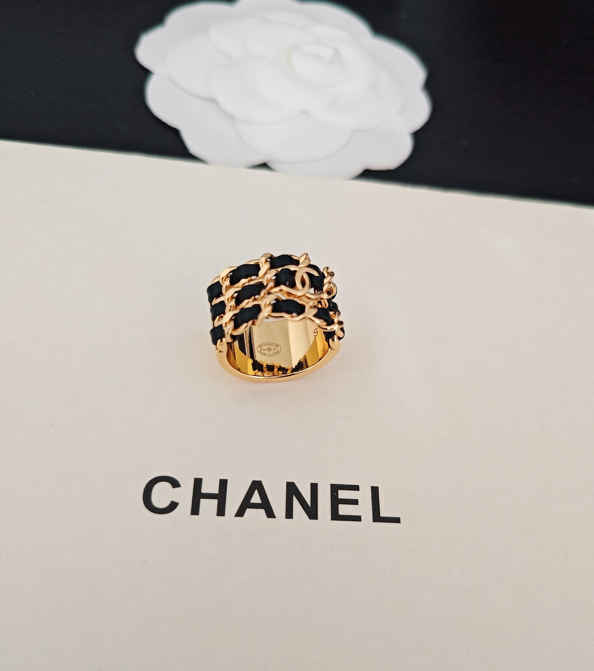 Signature Emblem Statement Ring in Gold-Tone – Black Detail side detail