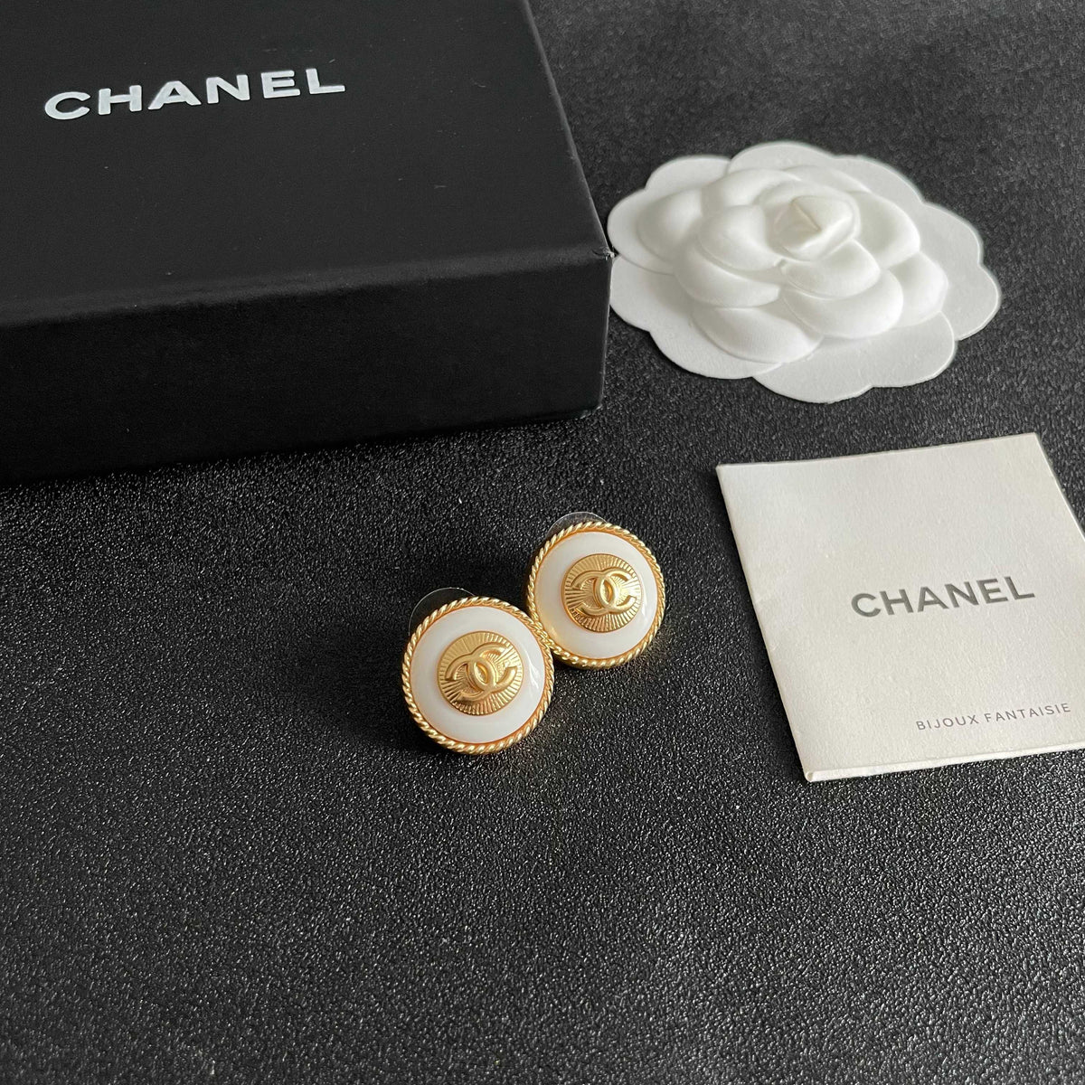 Double-C Emblem Stud Earrings in Polished Metal-Tone – Design 210 styled product view