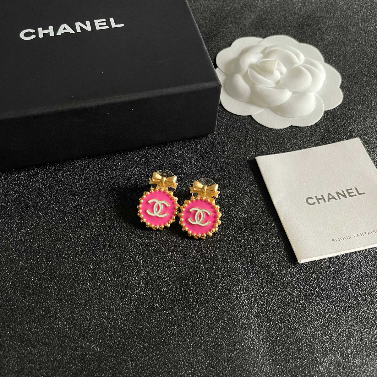 Double-C Emblem Stud Earrings in Polished Metal-Tone – Design 207 styled product view