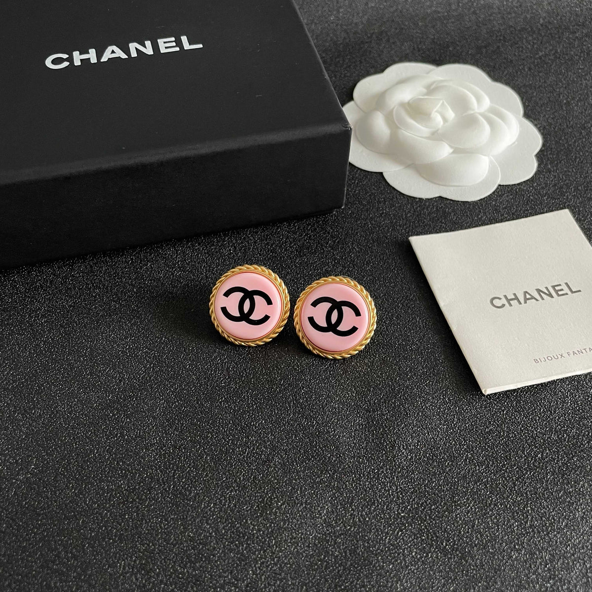 Double-C Emblem Stud Earrings in Polished Metal-Tone – Design 215 styled product view