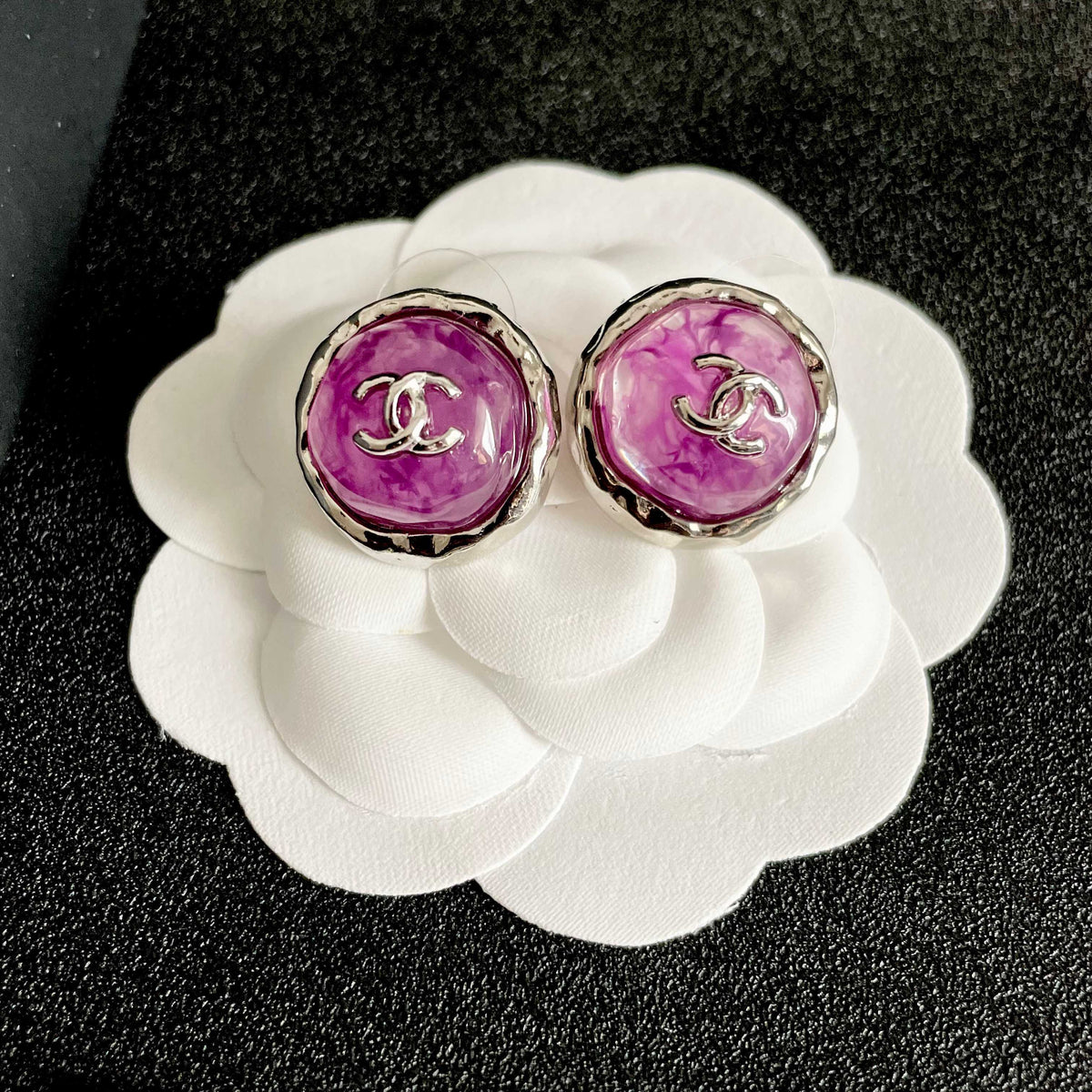 Double-C Emblem Stud Earrings in Polished Metal-Tone – Design 213 front product view