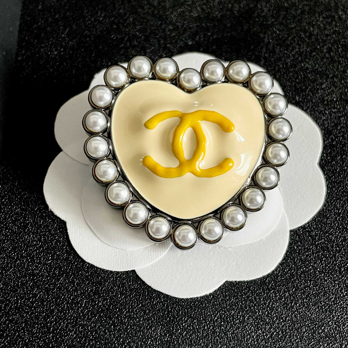 Double-C Emblem Brooch in Polished Metal-Tone – Pearl Detail – Design 006 front product view